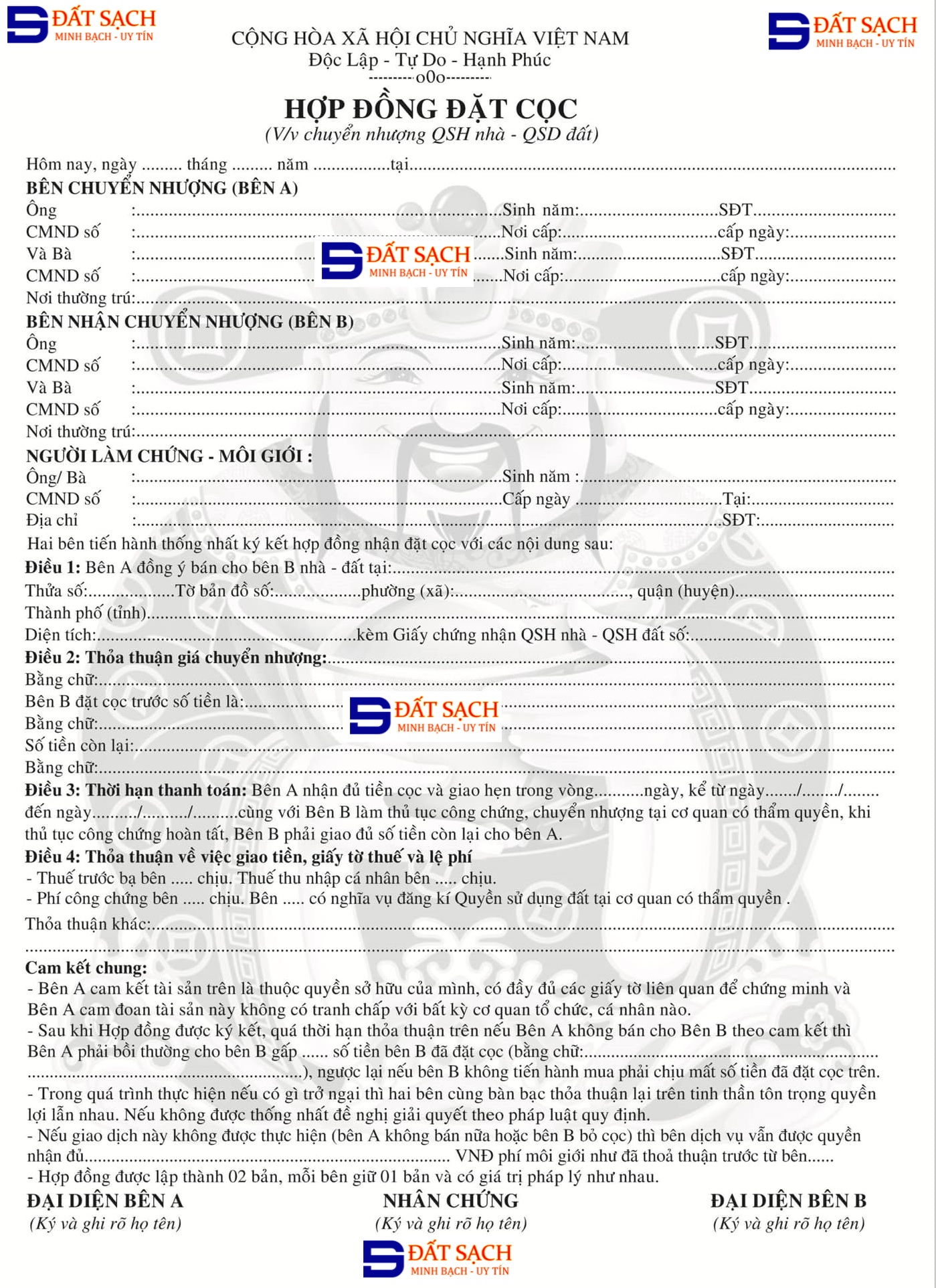 SỔ ĐẶT CỌC - HỢP ĐỒNG ĐẶT CỌC - CÁC BIỆN PHÁP PHÒNG TRÁNH