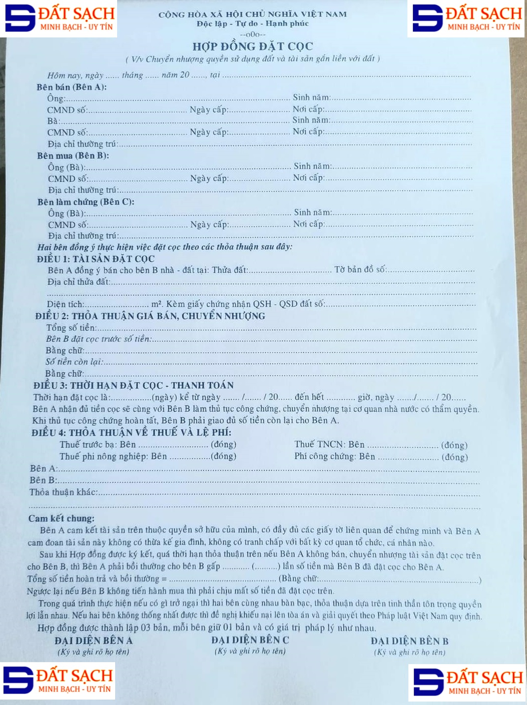 SỔ ĐẶT CỌC - HỢP ĐỒNG ĐẶT CỌC - CÁC BIỆN PHÁP PHÒNG TRÁNH