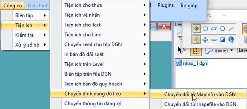 CÔNG CỤ_CHUYỂN ĐỊNH DẠNG DỮ LIỆU_Chuyển từ mapinfor vào DGN trong ứng dụng gCadas