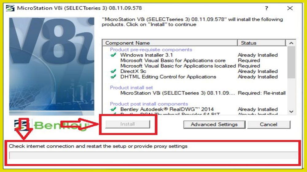 Sửa lỗi cài đặt phần mềm MicroStation V8i "Check internet connection and restart the setup or provide proxy settings" Không xuất hiện chữ Install